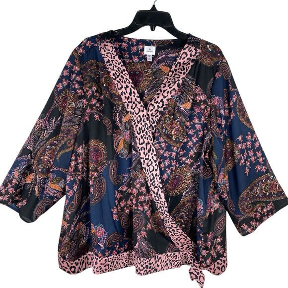 Tops - Dress Barn Womans 3X Kimono Top‎ Floral Artsy Purple Lagenlook Satin Work Wear